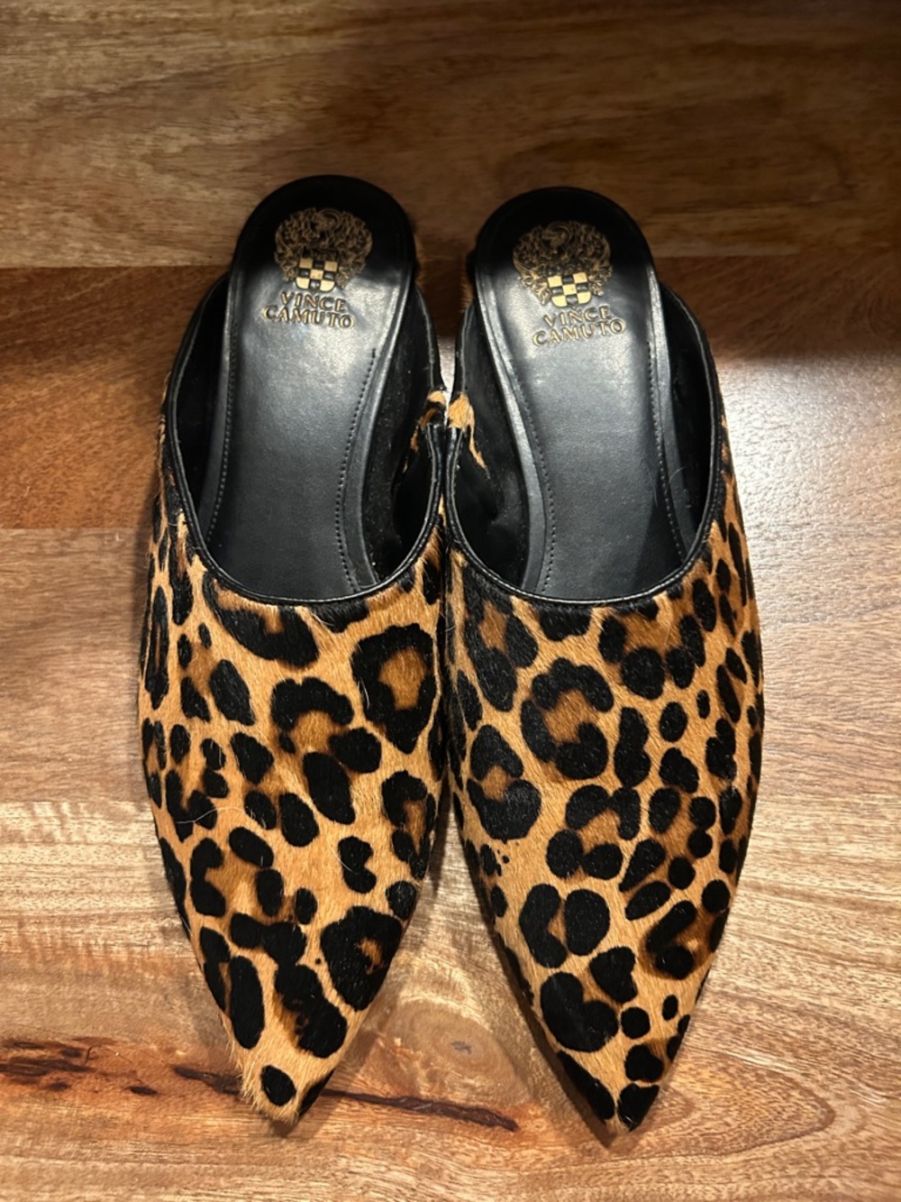 Vince Camuto Black and Tan Leopard Print Pointed Mules